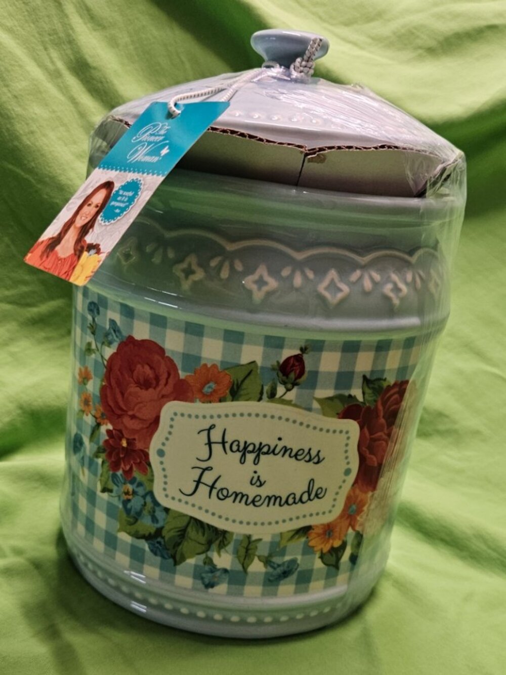 Pioneer Woman Cookie Jar Happiness Is Homemade Stoneware Floral Gingham Blue NEW